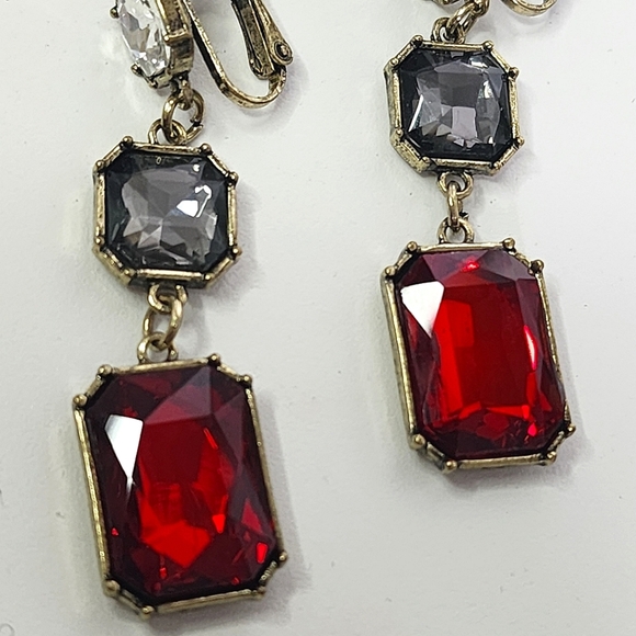 Vintage Clip on Drop Earrings Ruby Red Smokey Grey Crystal - Picture 5 of 7